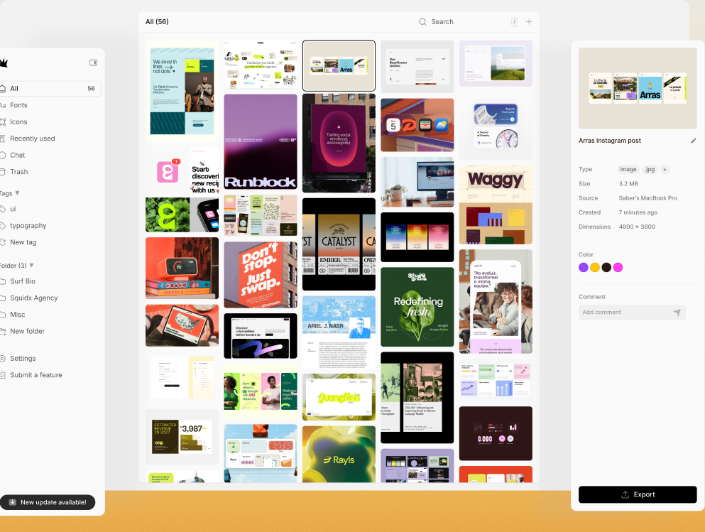 The Mise app: a grid of saved inspiration with the sidebar and inspector.